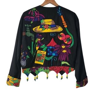 Vintage 80s Silkscapes Gardening Theme Embroidered Jacket Colorful Boho